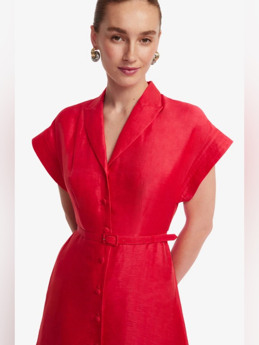 LEO LIN Audrey Red Belted Palm Embroidered Linen Shirt Midi Dress AU8/US4 NWOT - Picture 5 of 6